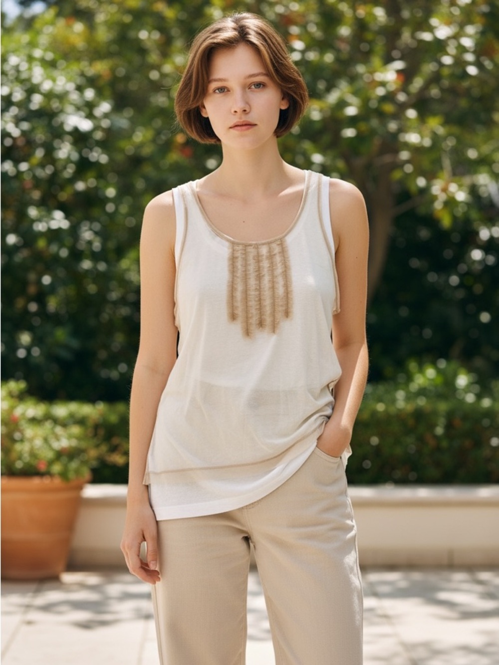DSQUARED2 Cream Tank Top with Tan Fringe Accent
